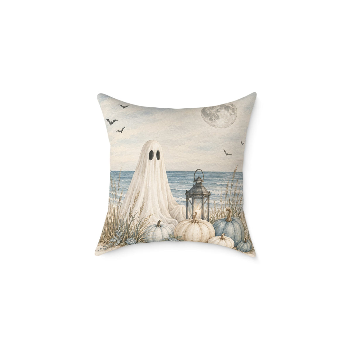 Moon and ghost coastal Halloween pillow with a tranquil ocean horizon and fall pumpkin arrangement