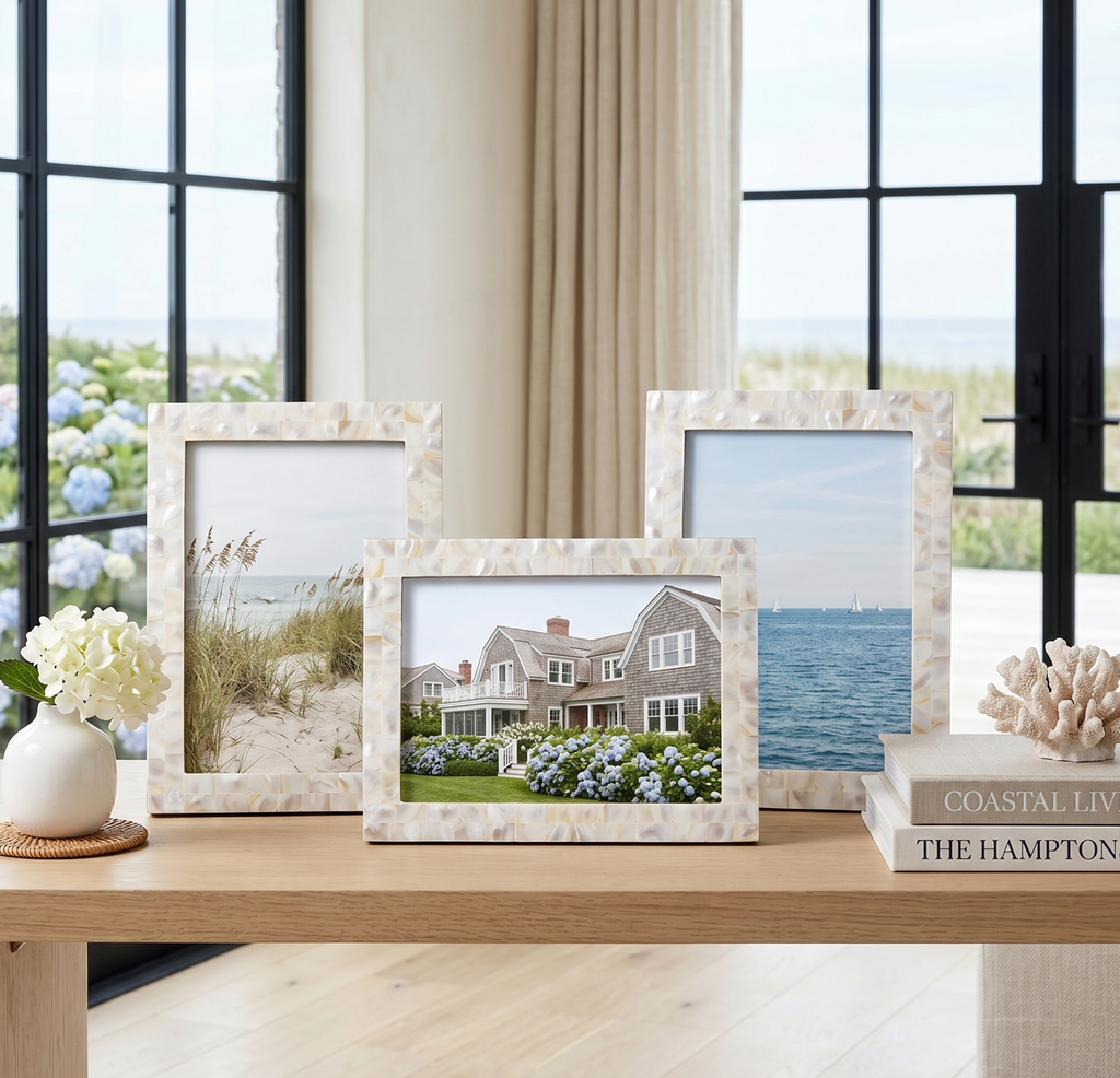 Mother of pearl photo frame set of 3 in different sizes styled on a living room shelf