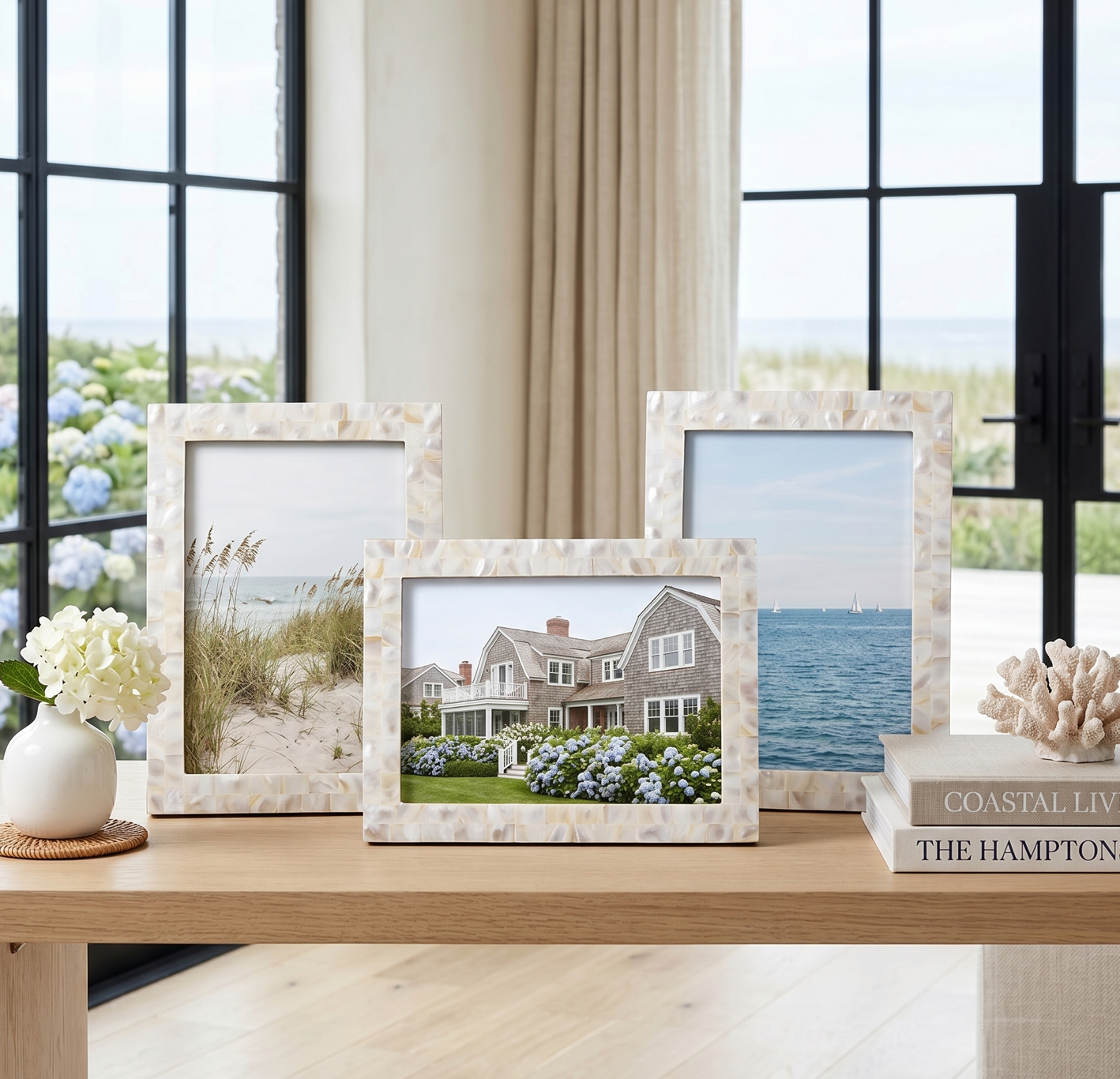 Mother of pearl photo frame set of 3 in different sizes styled on a living room shelf