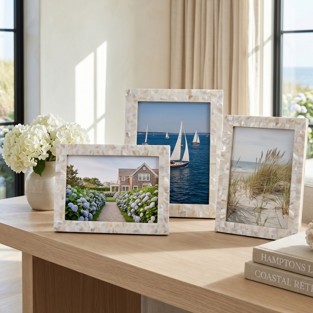 Mother of pearl picture frames set of 3 displayed on a mantel as coastal home decor