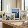 Mother of pearl picture frames set of 3 displayed on a mantel as coastal home decor
