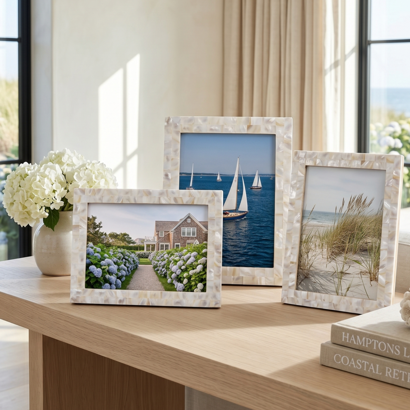 Mother of pearl picture frames set of 3 displayed on a mantel as coastal home decor