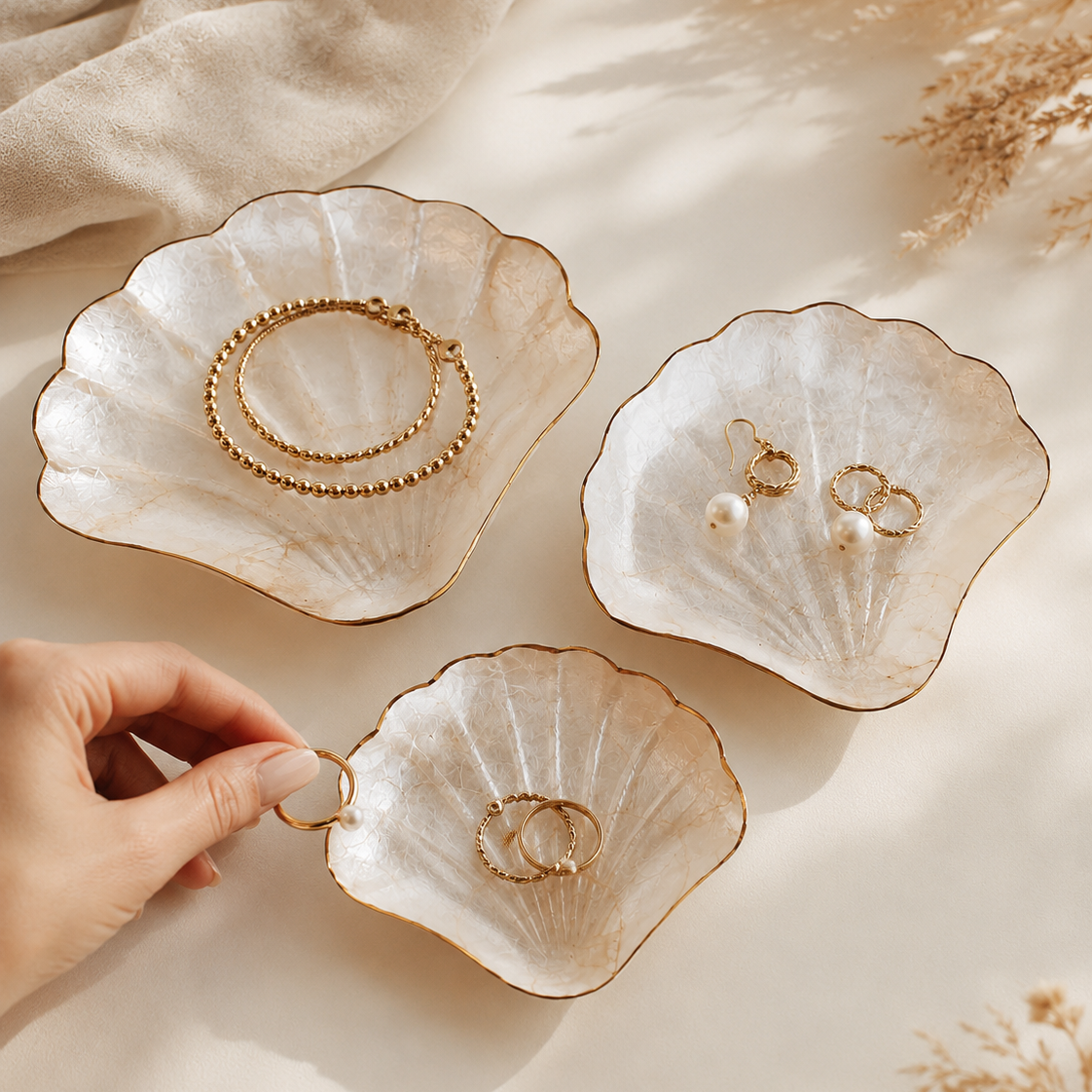 Mother of pearl seashell catchall tray for coastal home decor and jewelry storage set of 3. 