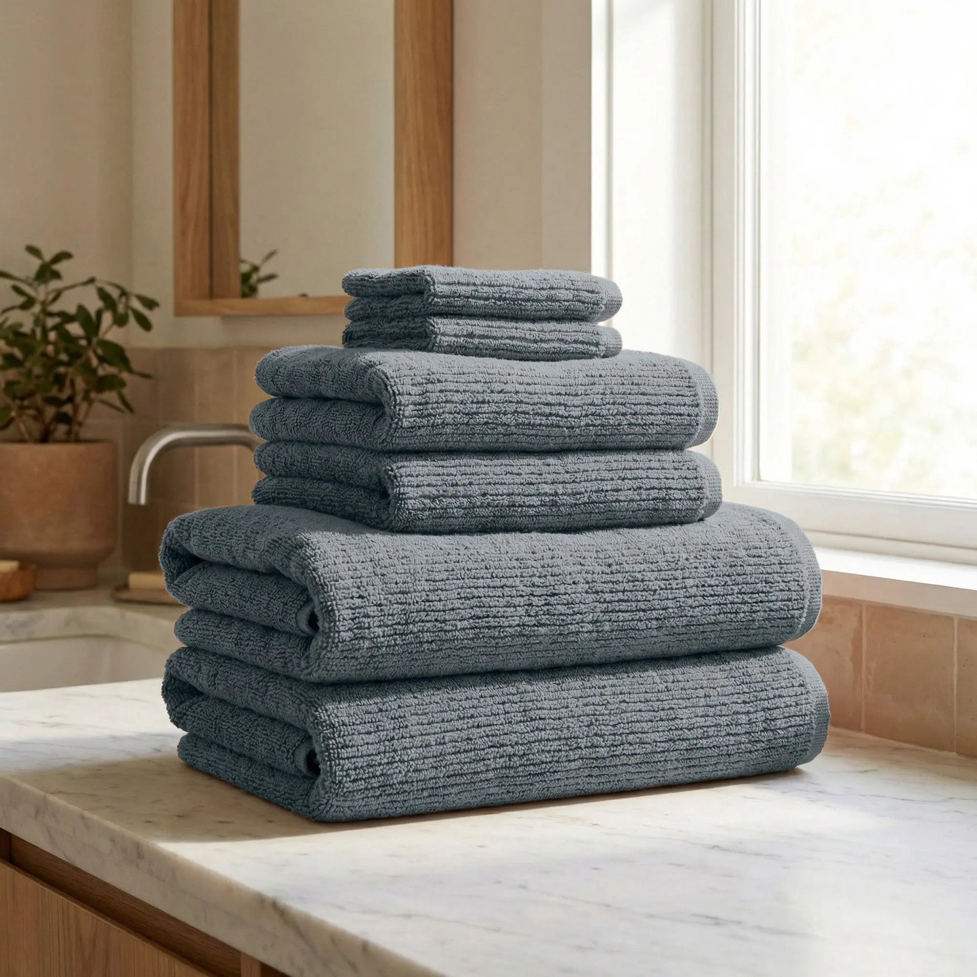 Turkish Cotton Ribbed 6-Piece Bath Towel Set - Georgiana Collection in blue-gray, stacked on bathroom counter