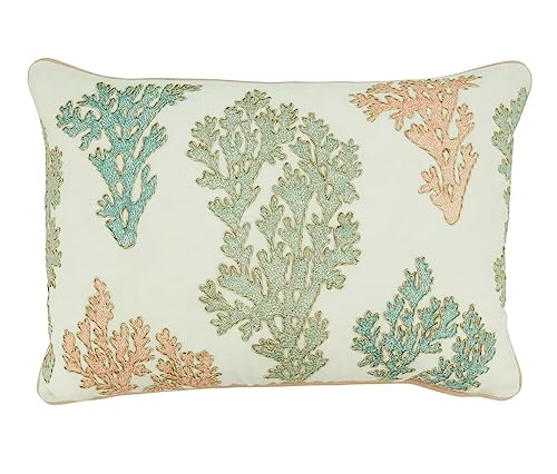 Rectangular embroidered pillow showcasing overlapping coral fronds for a layered reef look.