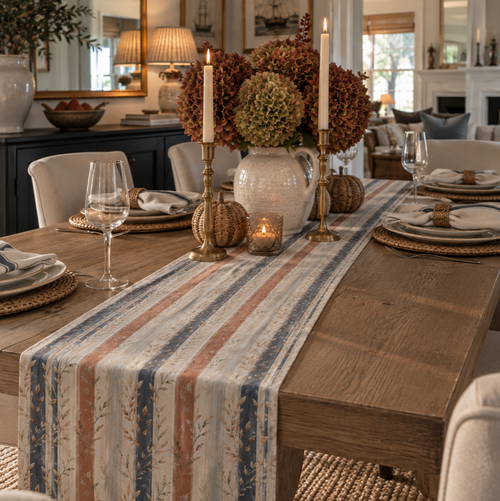 Muted stripe table runner in blue, sage, ivory, and terracotta for refined fall table decor
