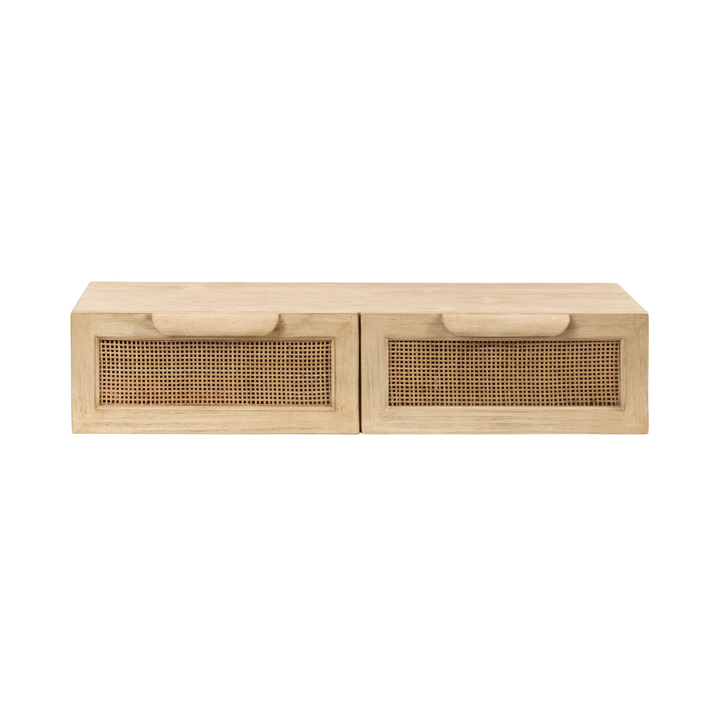 Narrow floating console table with rattan drawer fronts for a small entryway or apartment hallway