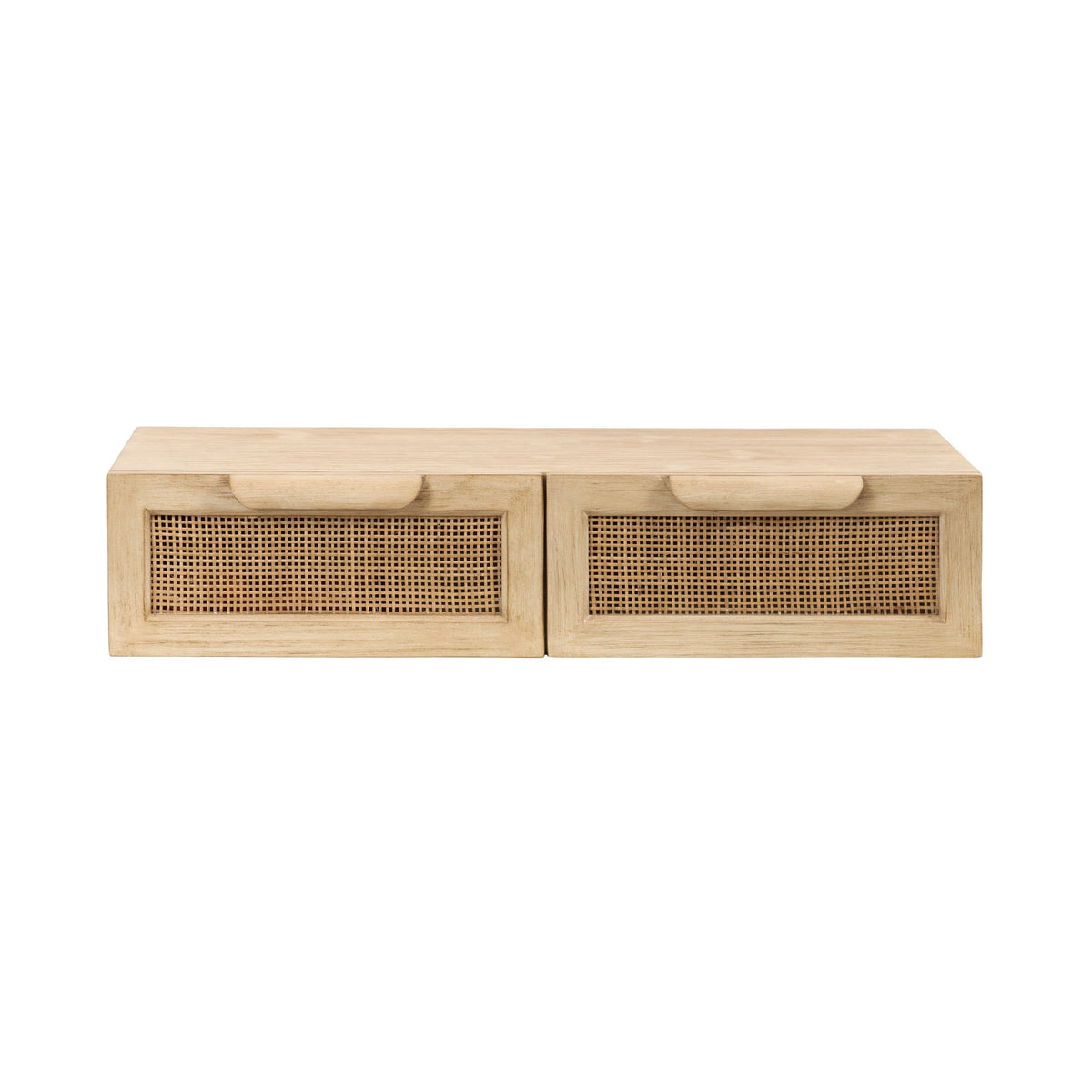 Narrow floating console table with rattan drawer fronts for a small entryway or apartment hallway