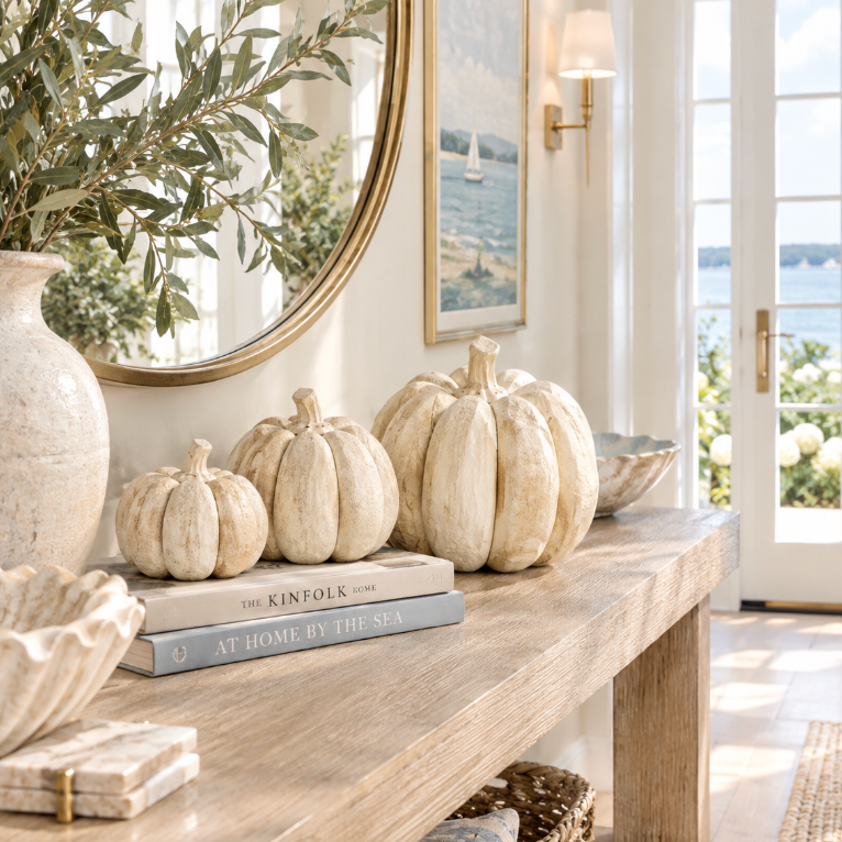 Natural carved pumpkin mantel decor for a warm neutral living room or coastal cottage