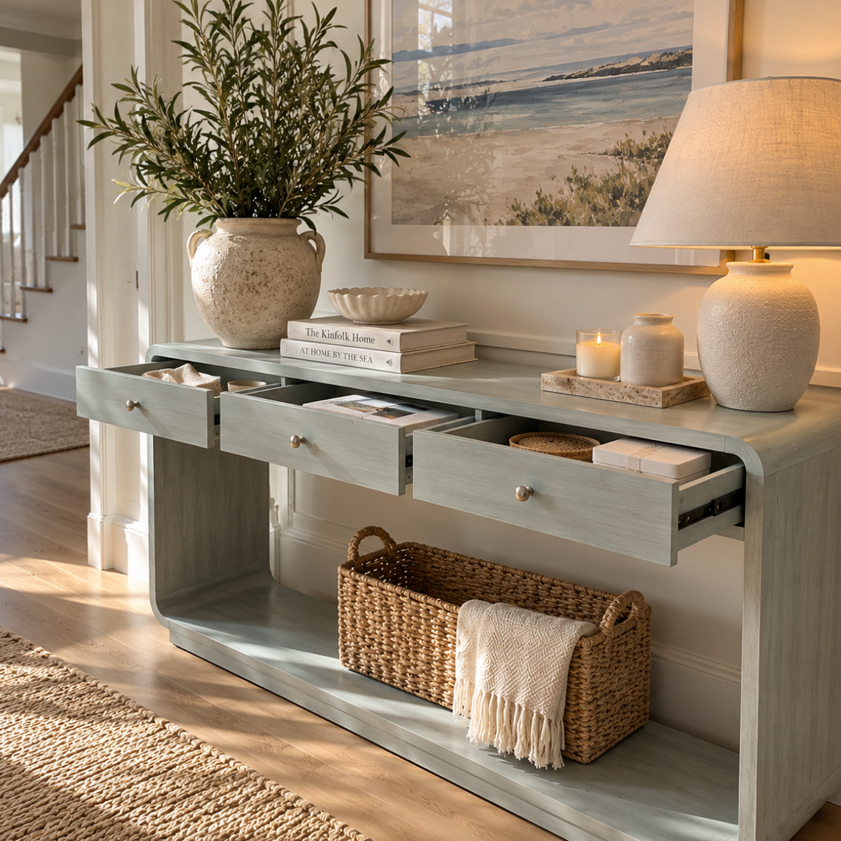 Natural finish wood console table with curved edges for coastal and transitional home interiors.