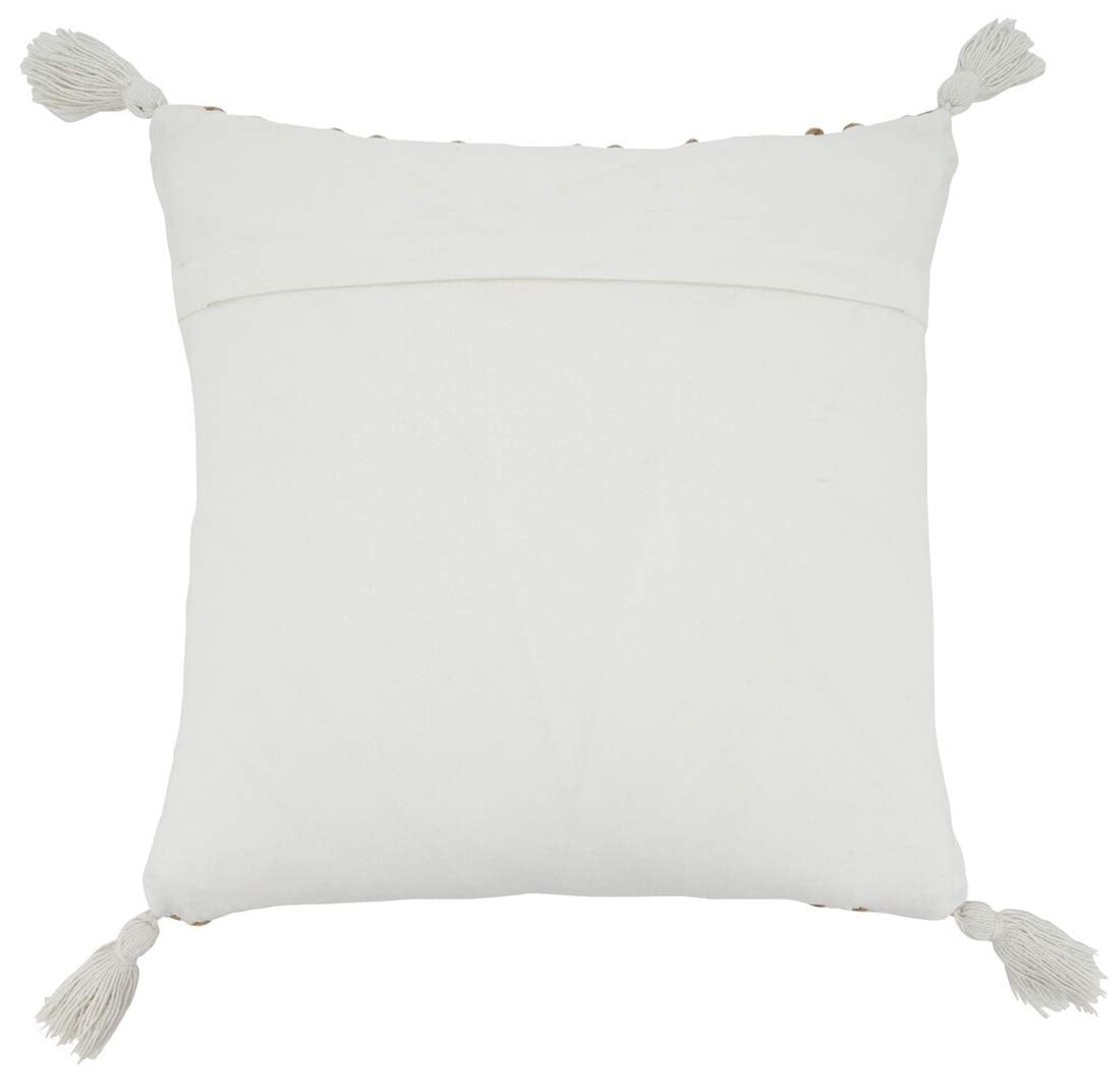 Neutral jute and cotton woven pillow with soft tassels and a wavy chevron pattern for everyday decor.