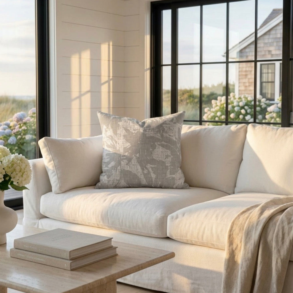 Neutral brown linen texture pillow for modern farmhouse and coastal living room decor