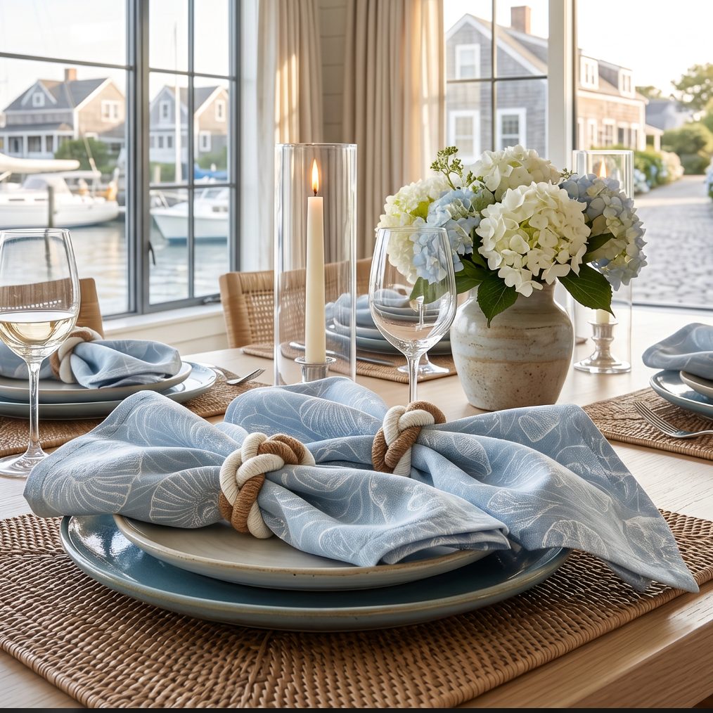 Coastal linen cloth napkins set of four with white seashell design styled for a beach house table setting