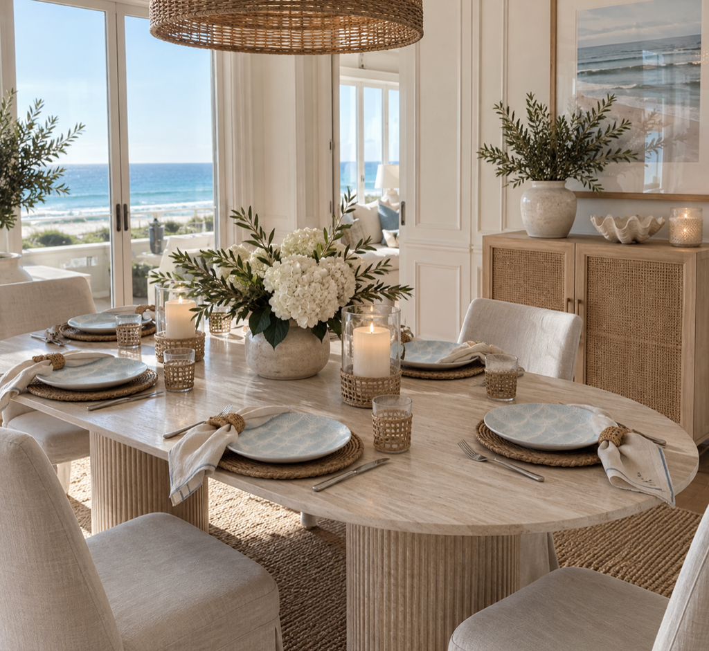 Natural oak-look oval dining table with a smooth rounded top and fluted double pedestal design
