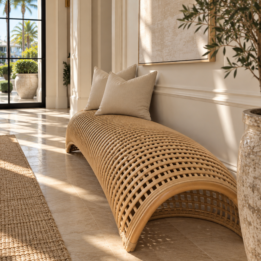 Long natural rattan accent bench styled with solid ivory linen pillows in a bright coastal luxury foyer.