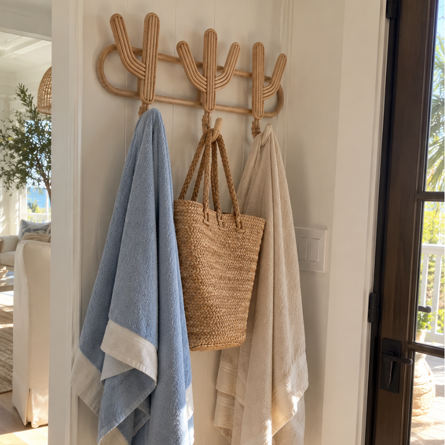 Natural rattan cactus wall hook styled in a bright coastal entryway with solid neutral towels and a woven beach tote.
