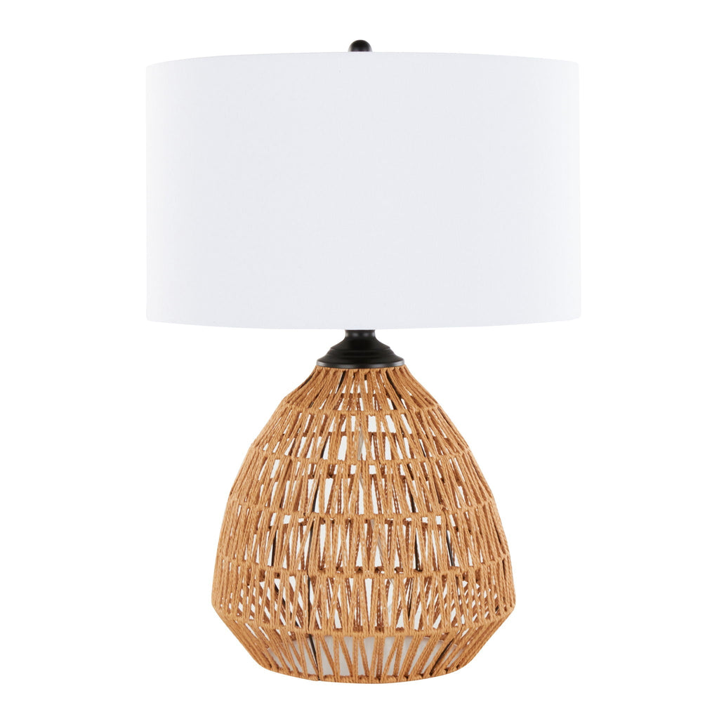 Natural rattan table lamp with a beach house aesthetic and organic modern look.