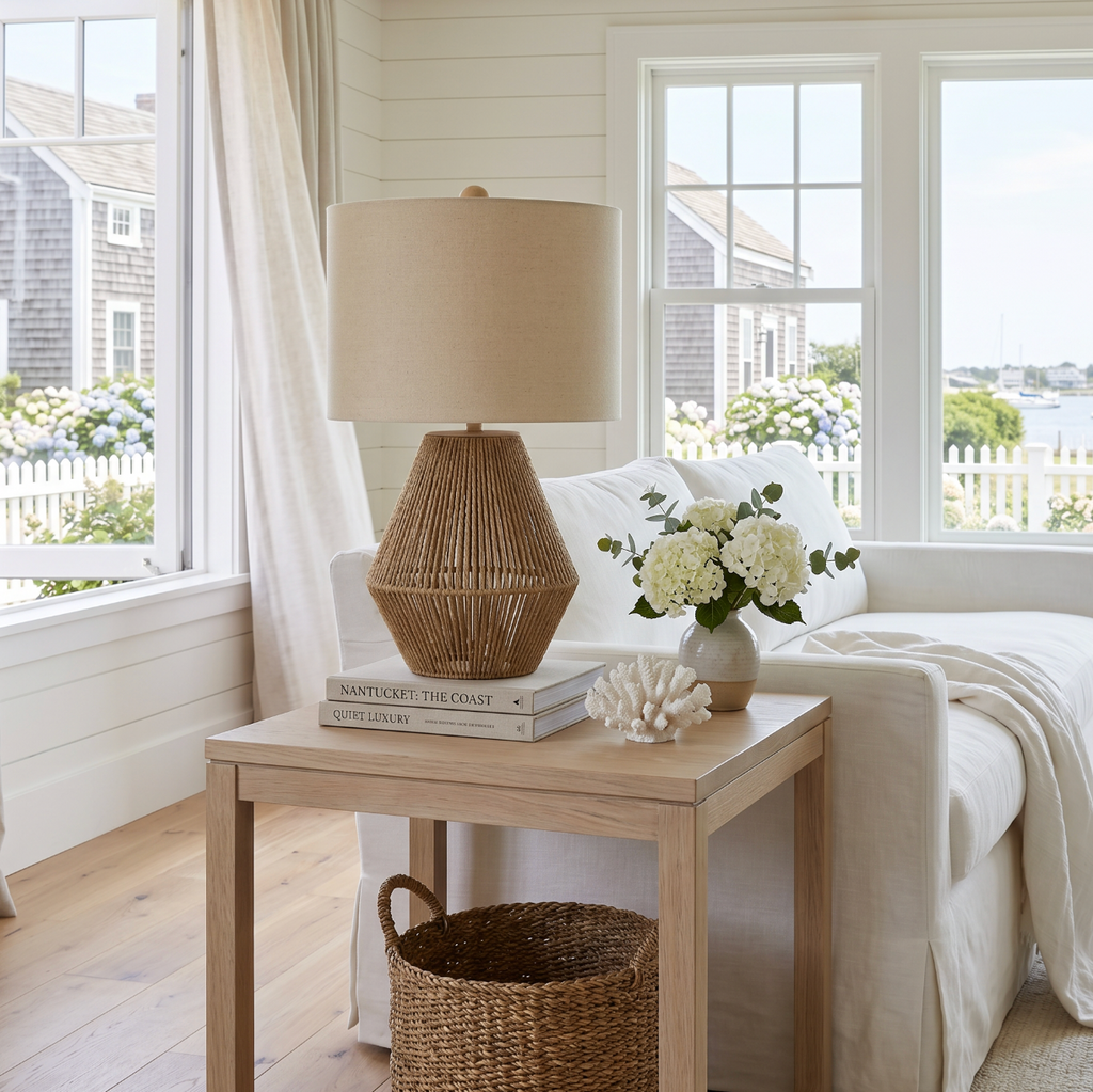 Woven table lamp with a soft neutral tone and tropical-inspired texture.