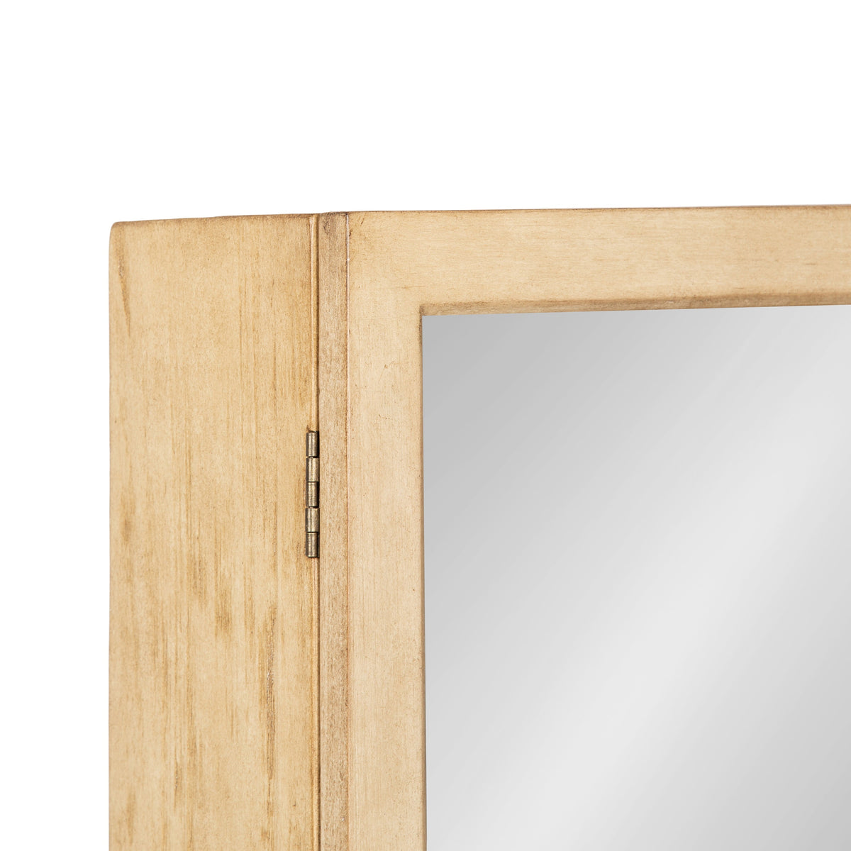 Natural wood bathroom mirror storage cabinet with a cane-front lower detail and hinged door