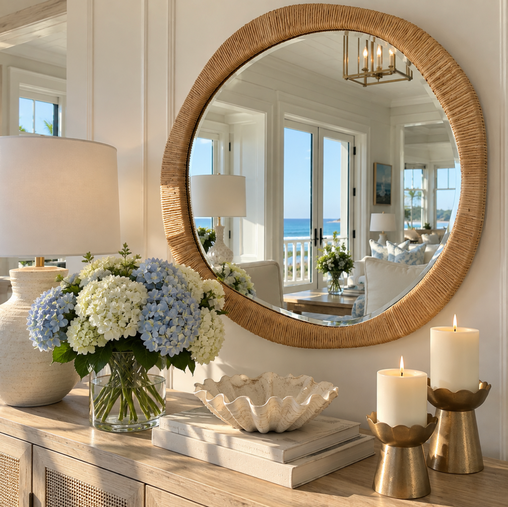Natural wood-tone rattan mirror with a softly curved organic frame.