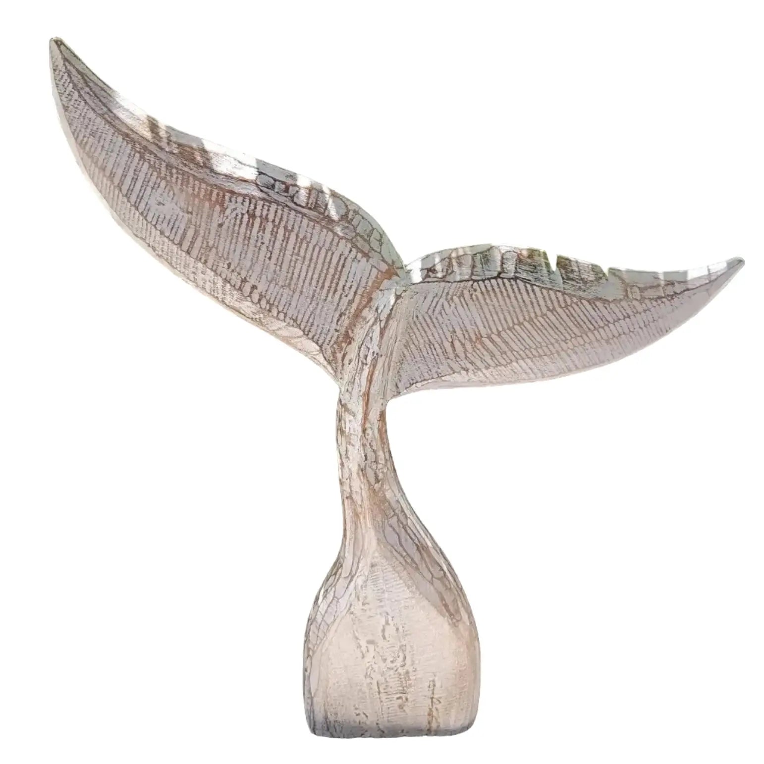 Large handcrafted wooden whale tail sculpture for coastal home decor