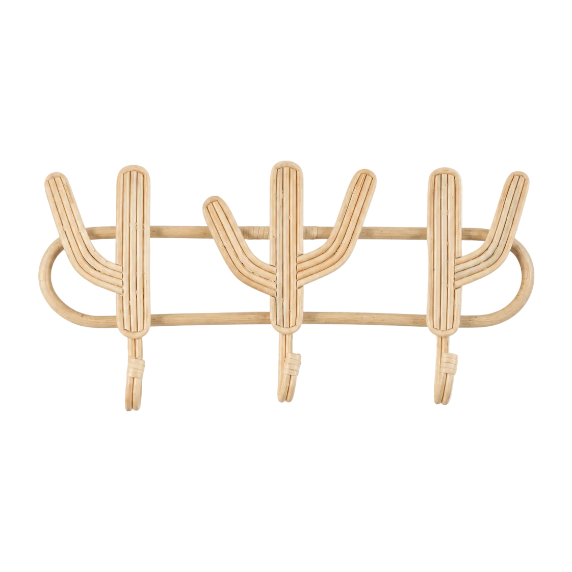 Decorative rattan cactus wall hook complementing natural wood, woven textures, and relaxed coastal cottage décor.

