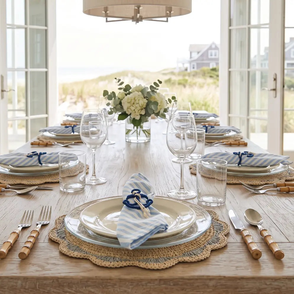 Set of 4 blue and white nautical anchor napkin rings made with raffia.