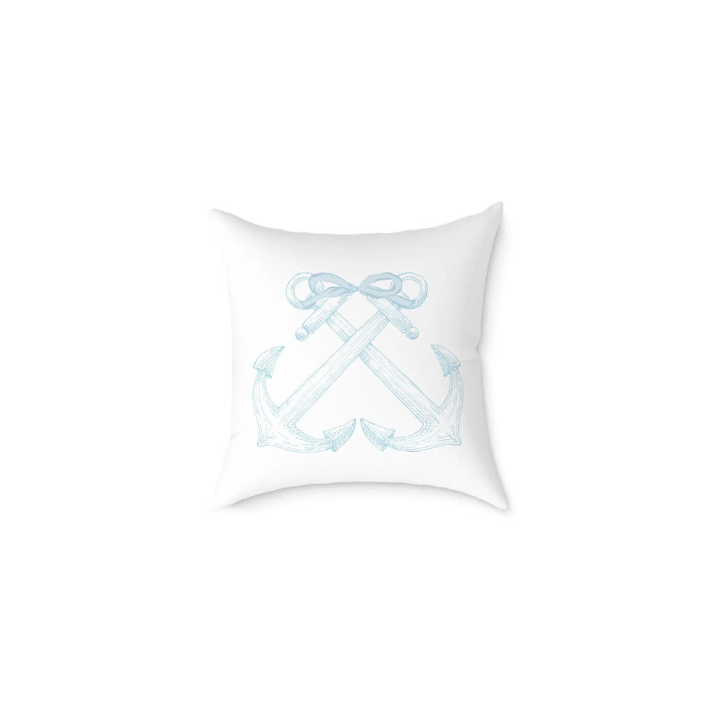 Anchorline Pillow with light blue crossed anchors and rope bows on white background.