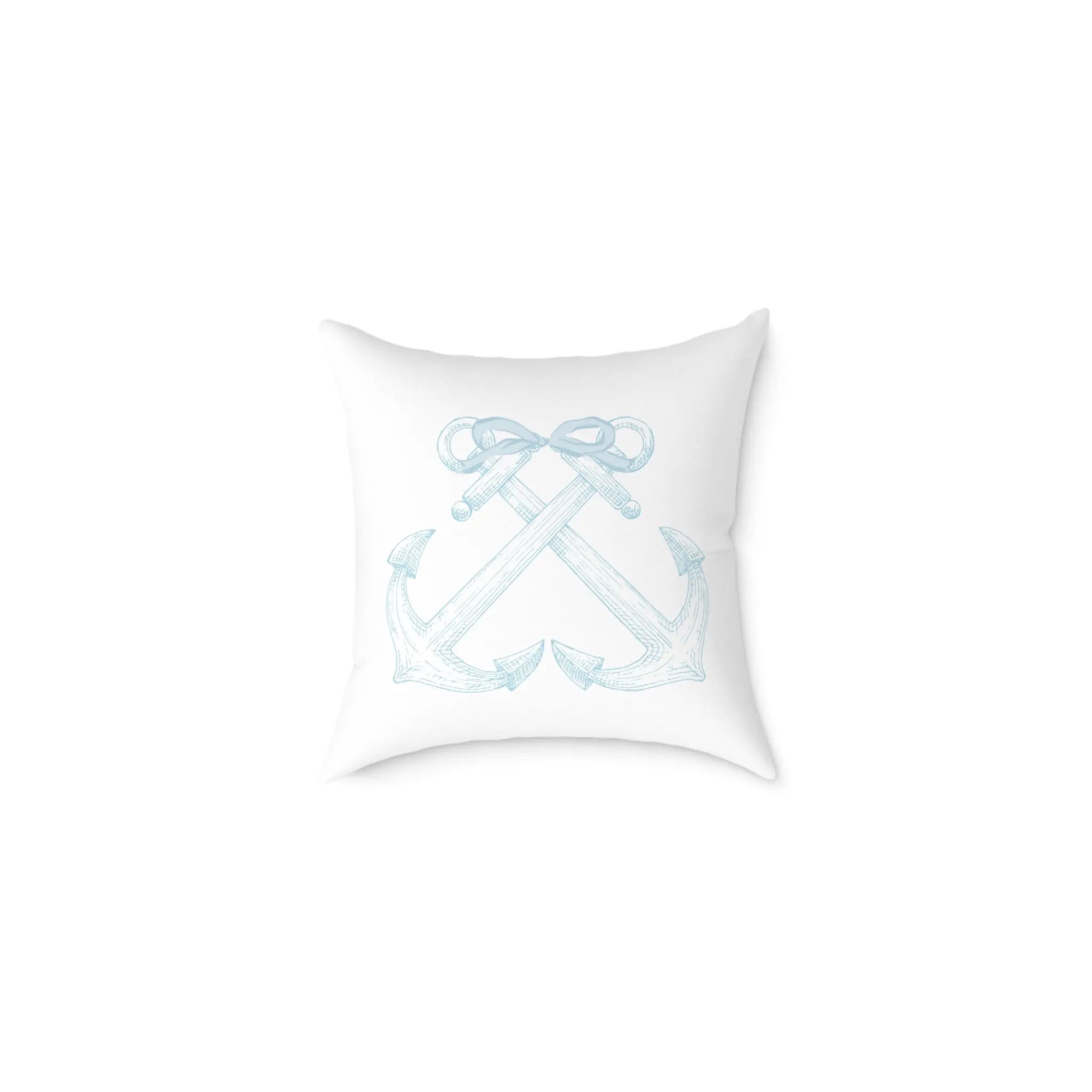 Anchorline Pillow with light blue crossed anchors and rope bows on white background.