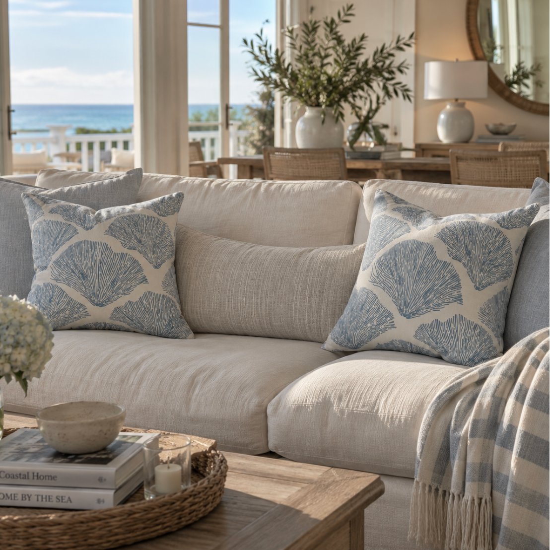 Nautical-inspired blue throw pillow featuring a classic coral design.