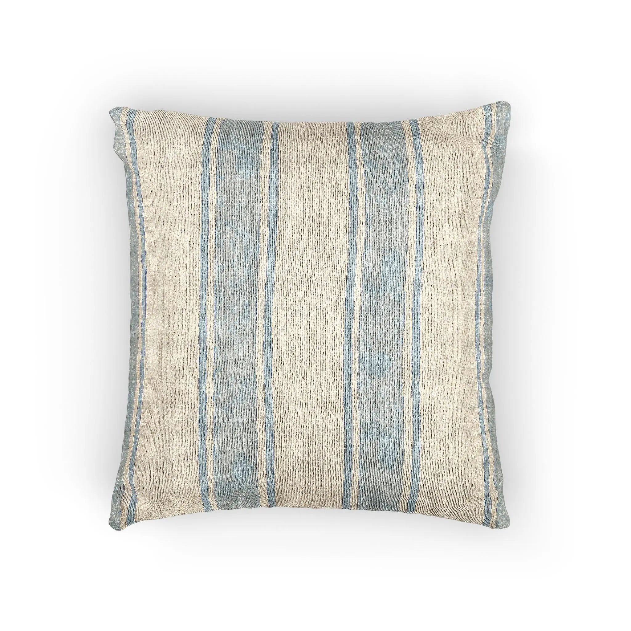 Coastal blue and white striped woven pillow with textured weave for beachy living spaces.