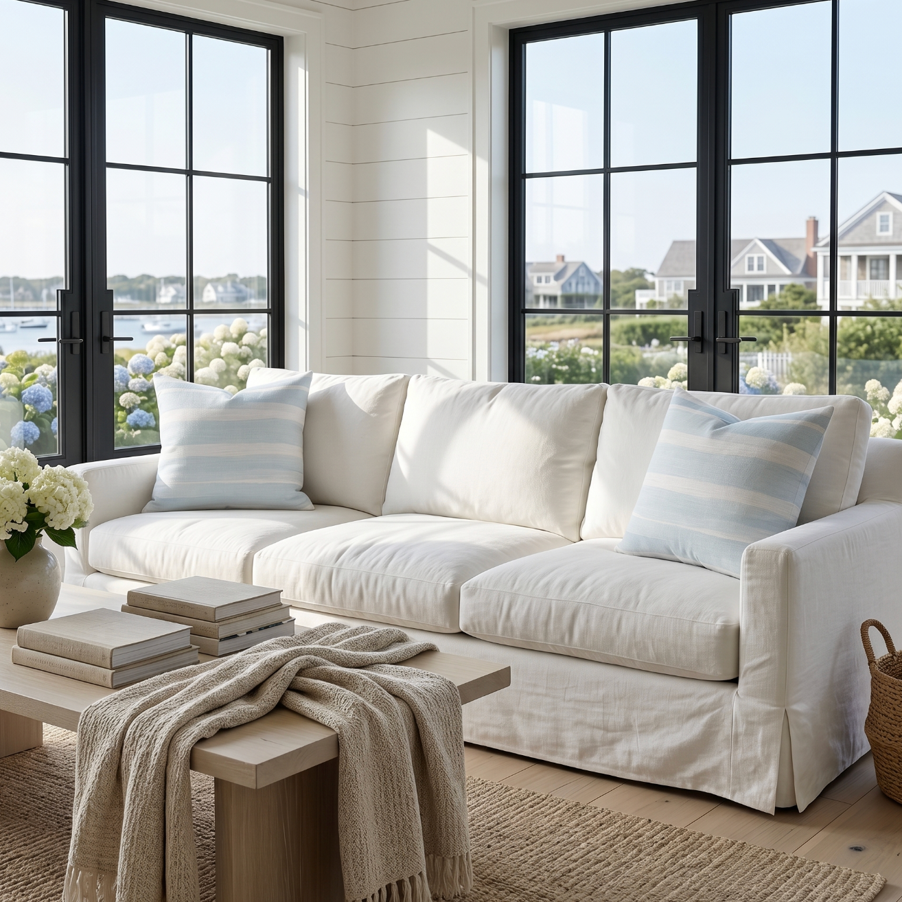 Blue and white coastal accent pillow placed on a bed as nautical bedroom décor