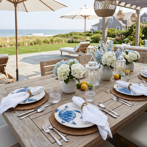 Blue turtle dinner plates for indoor outdoor entertaining and beach house decor.