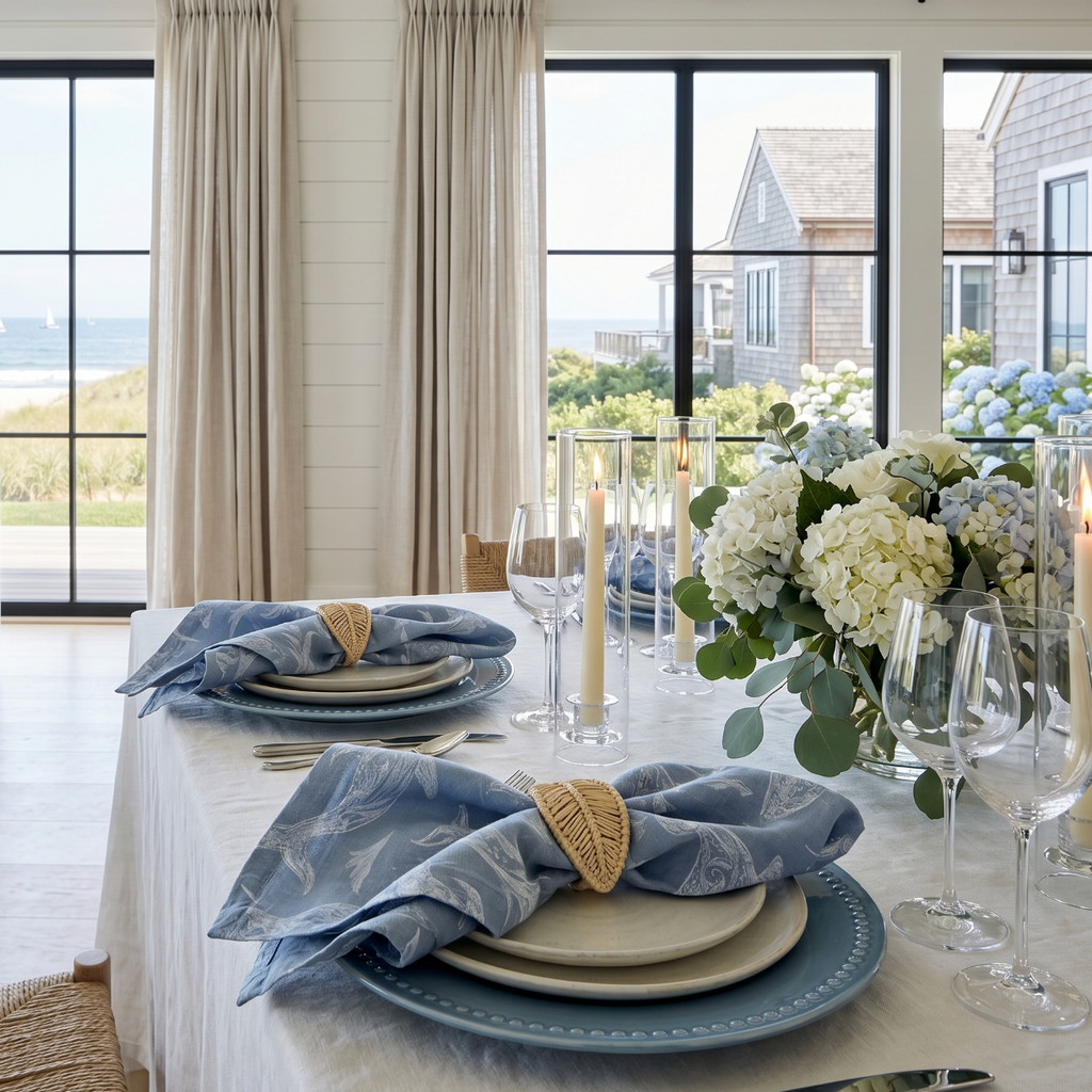 Blue dolphin linen napkins set of 4 used as coastal table decor in a beach inspired dining room.