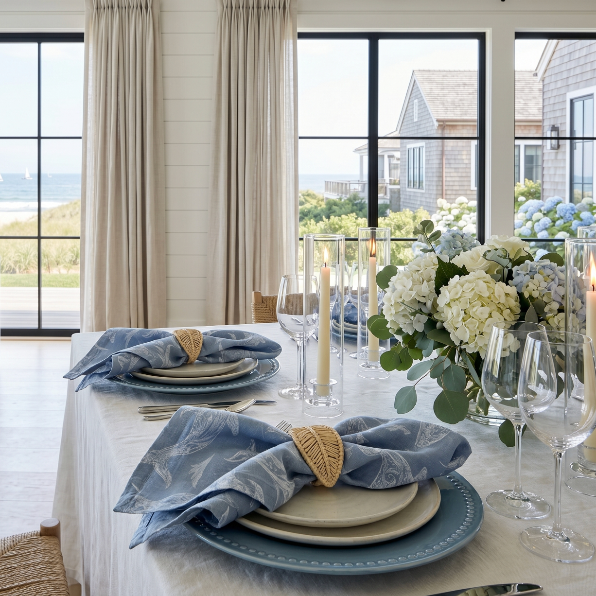 Blue dolphin linen napkins set of 4 used as coastal table decor in a beach inspired dining room.