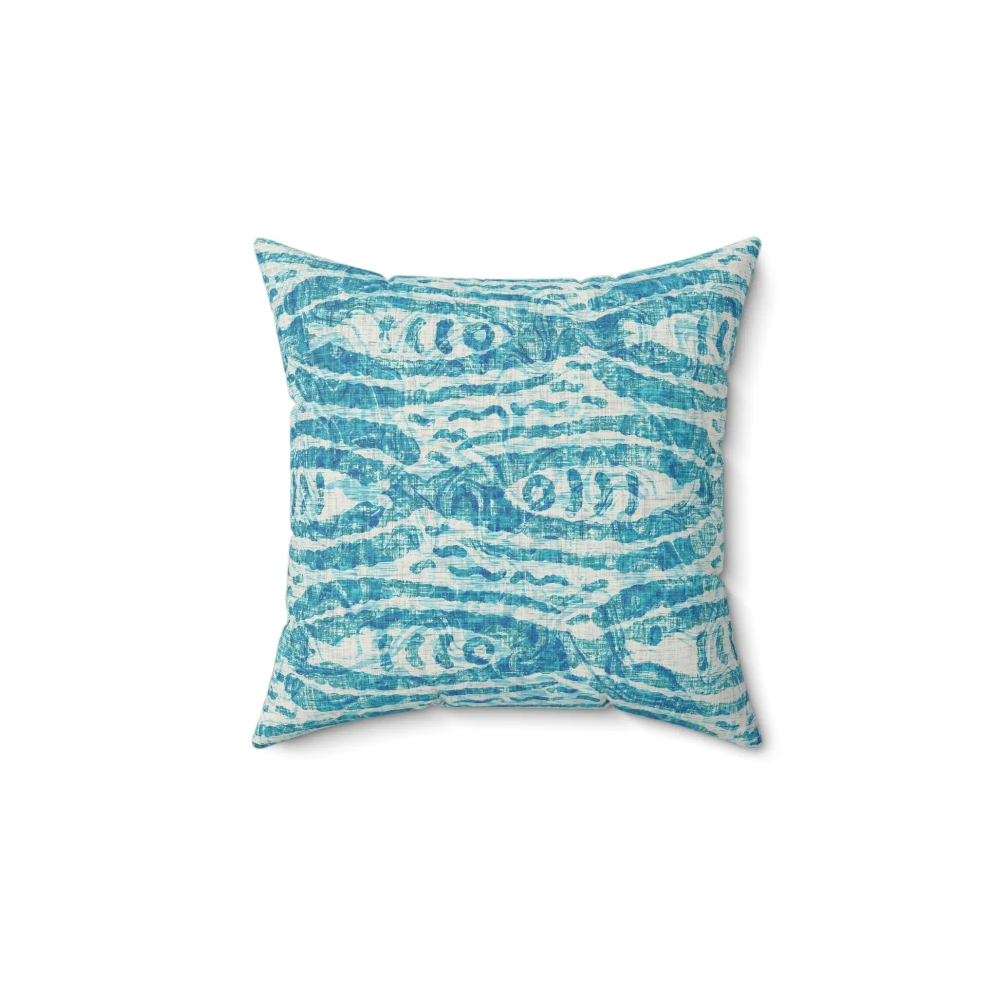 Turquoise fish-pattern throw pillow with coastal, ocean-inspired texture.