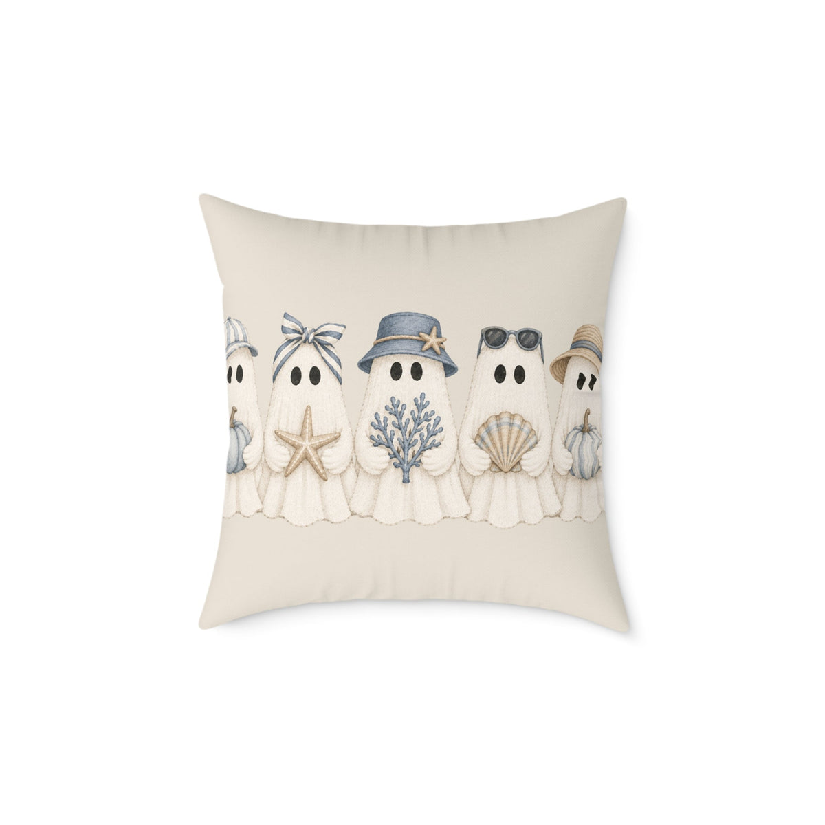 Nautical Halloween ghost cushion featuring whimsical seaside ghosts on a neutral background