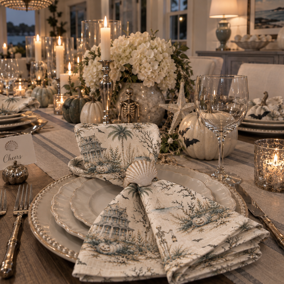 Nautical Halloween linen napkins with a coastal-inspired seasonal pattern for autumn entertaining