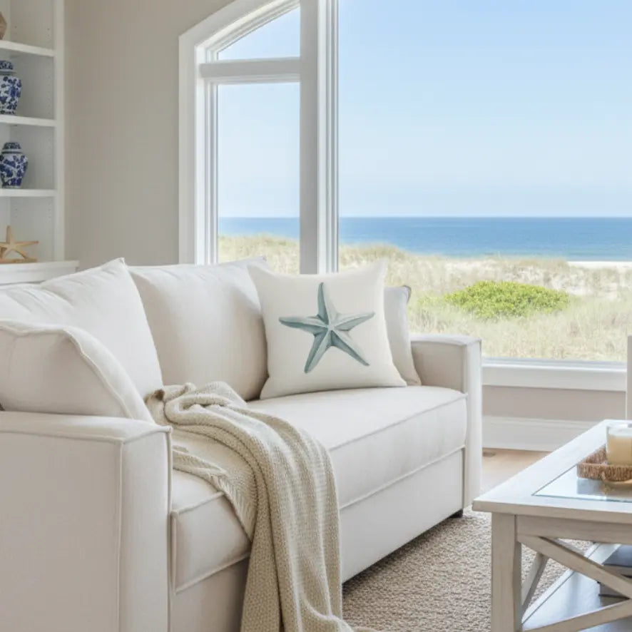 Driftstar Throw Pillow with teal starfish, double-sided print, on a white sofa by a coastal window overlooking the sea.