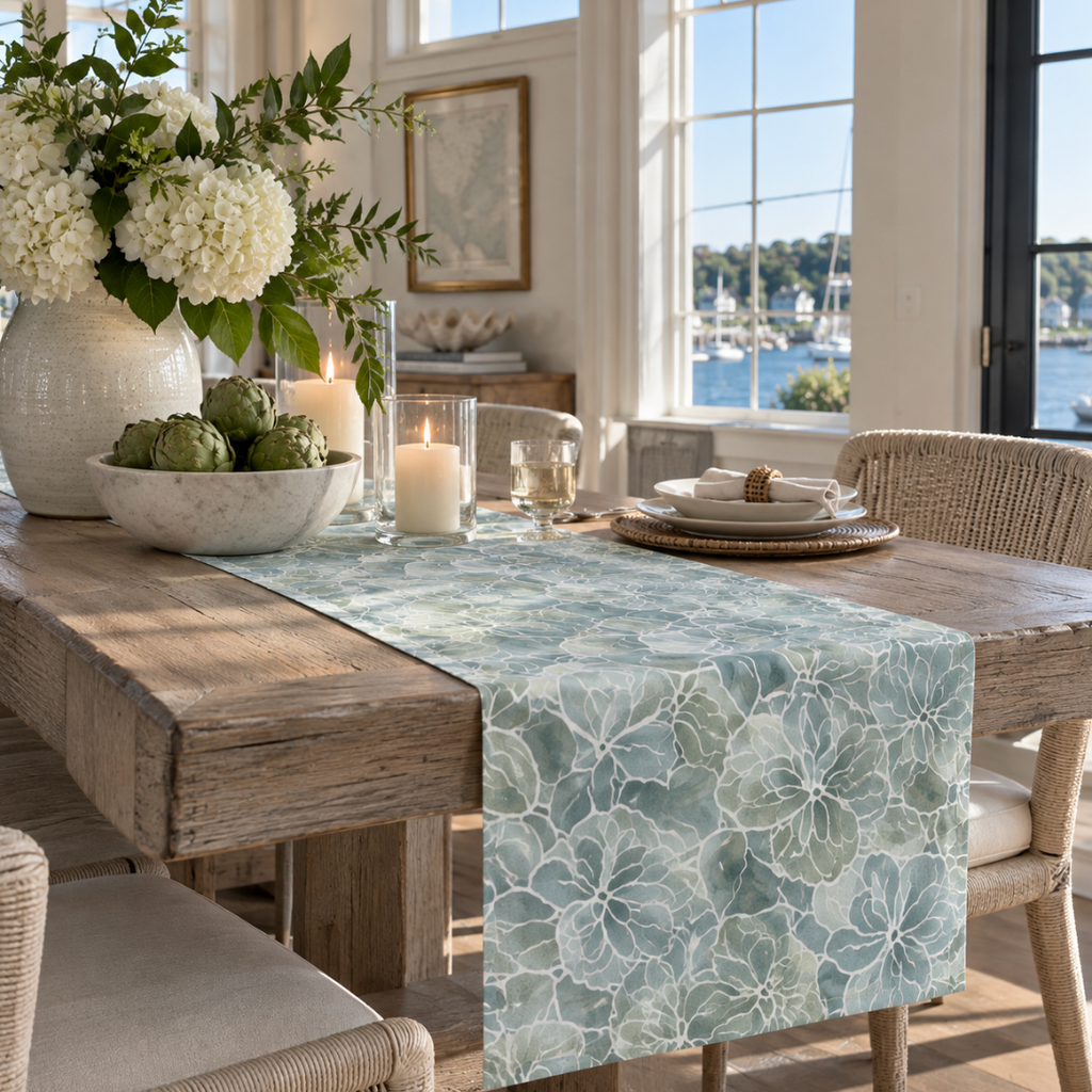 Coastal hydrangea table runner creating an elegant nautical-inspired dining room tablescape
