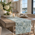 Coastal hydrangea table runner creating an elegant nautical-inspired dining room tablescape