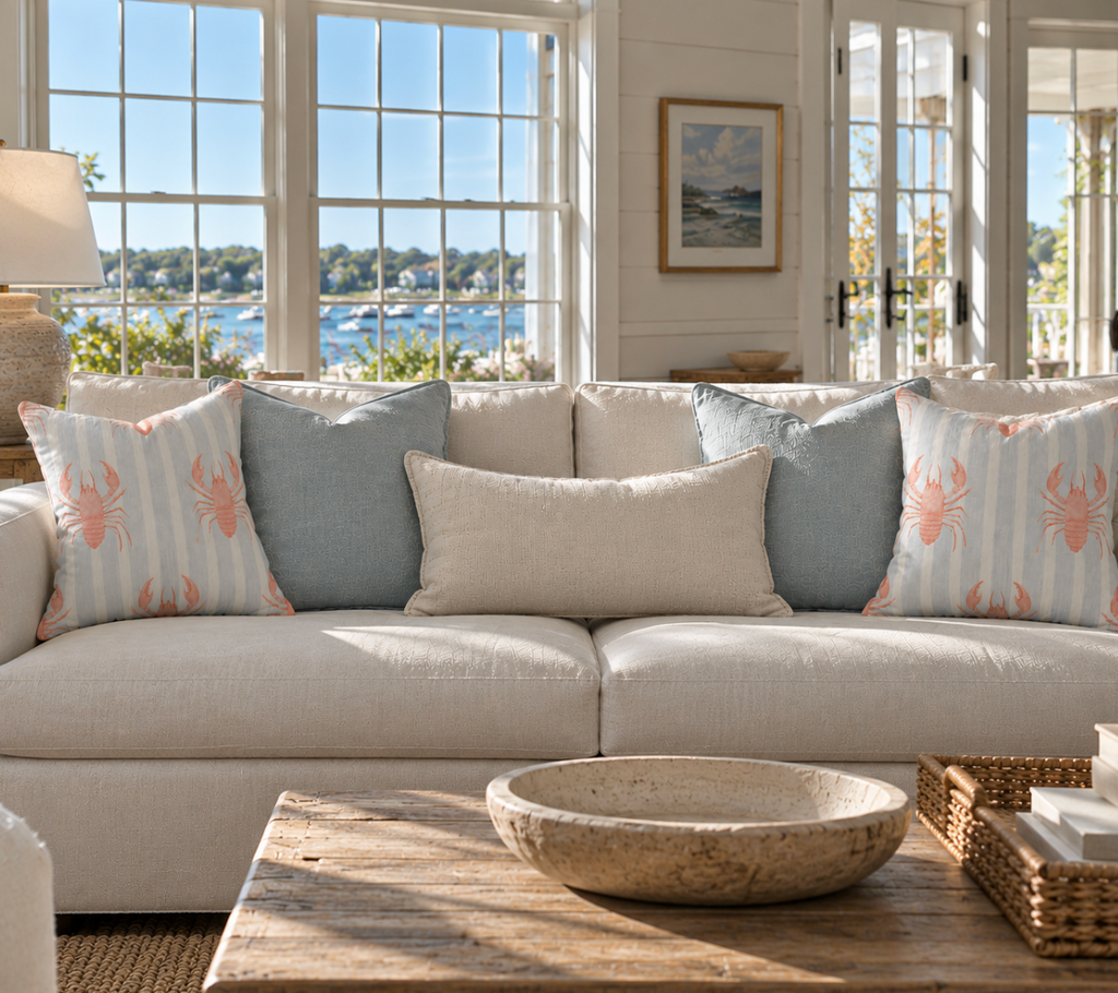 Nautical throw pillow featuring a red lobster design for a beach house.