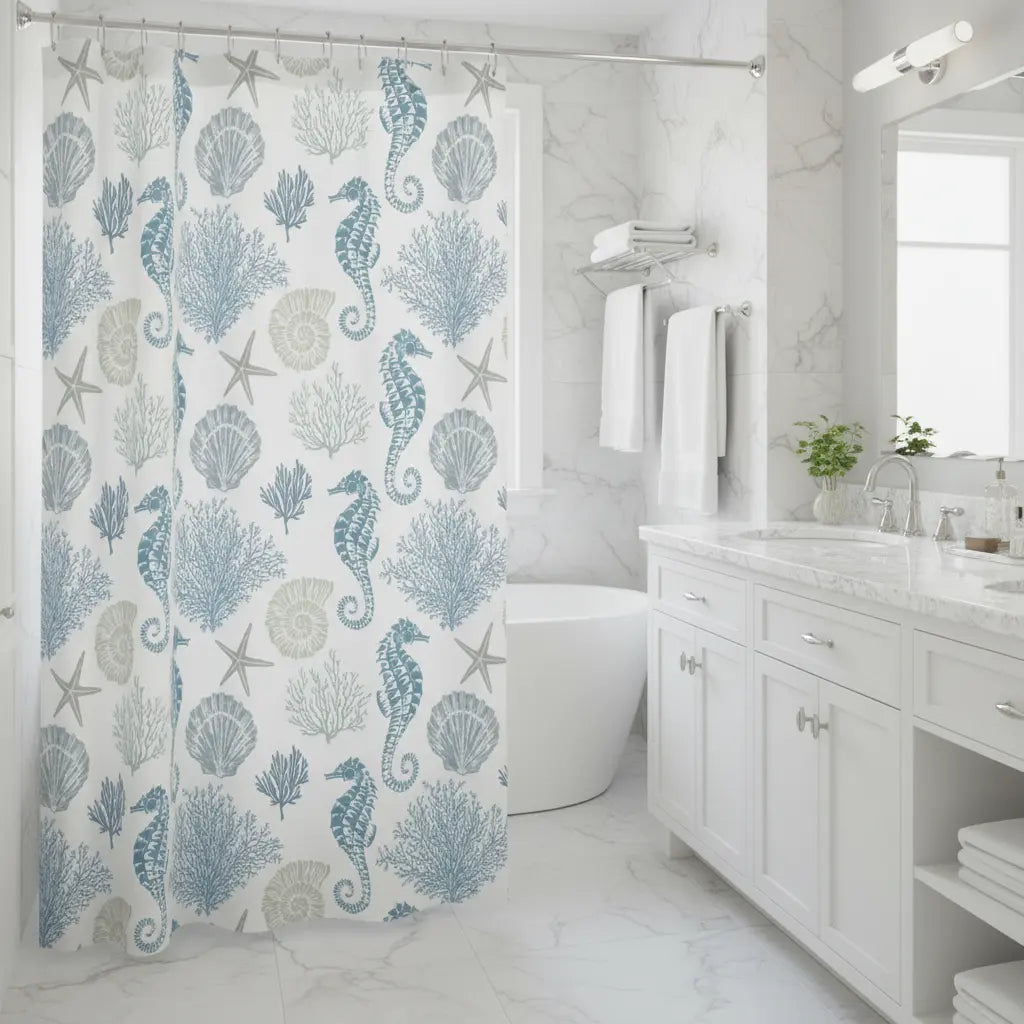 Ocean-themed bathroom with seahorse shower curtain
