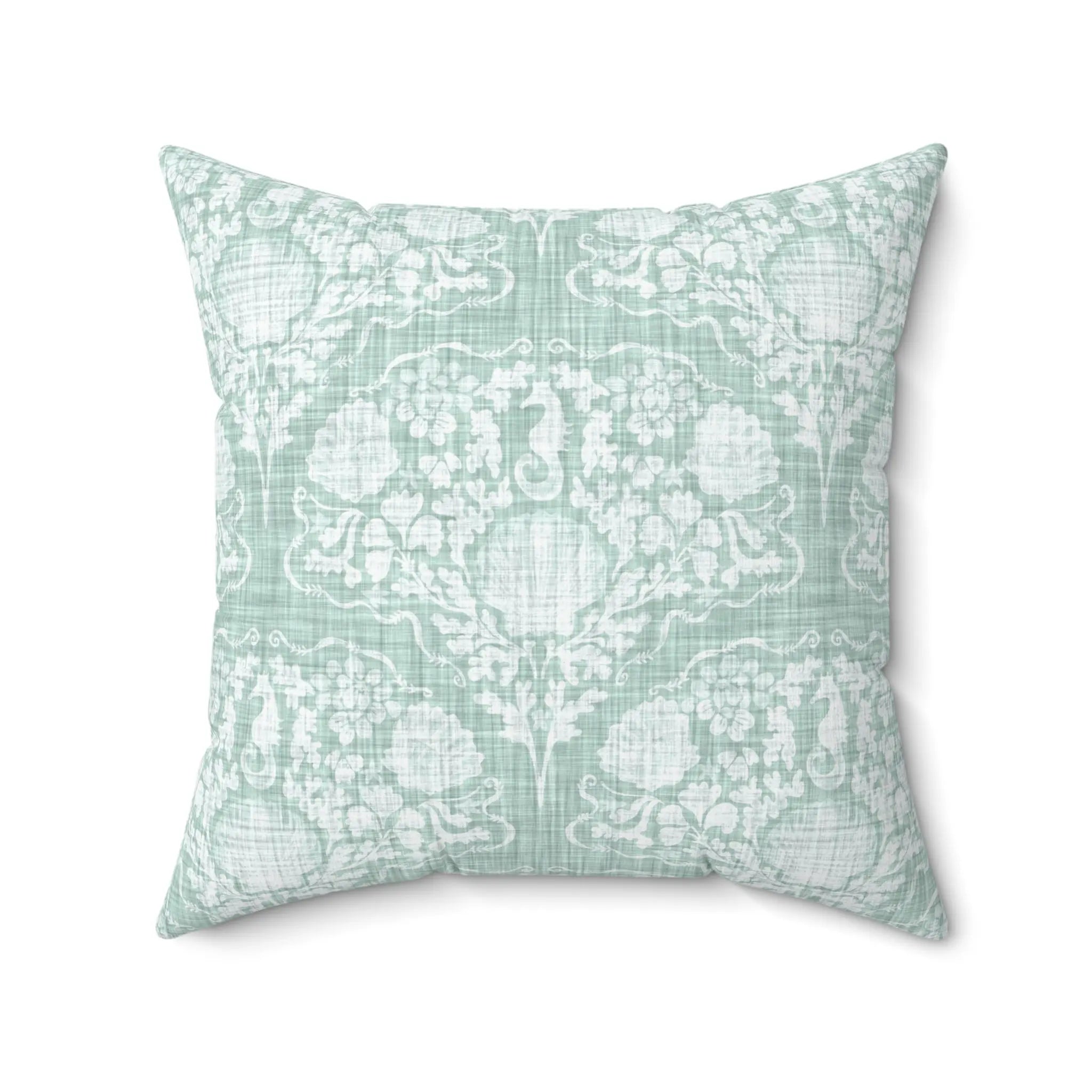 Coastal Crest Seahorse Pillow featuring seafoam damask pattern.