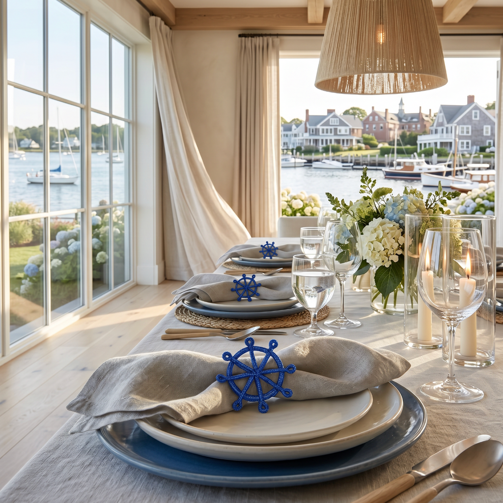 Nautical ship wheel napkin rings used with striped cloth napkins for a seaside dinner table