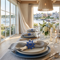 Nautical ship wheel napkin rings used with striped cloth napkins for a seaside dinner table