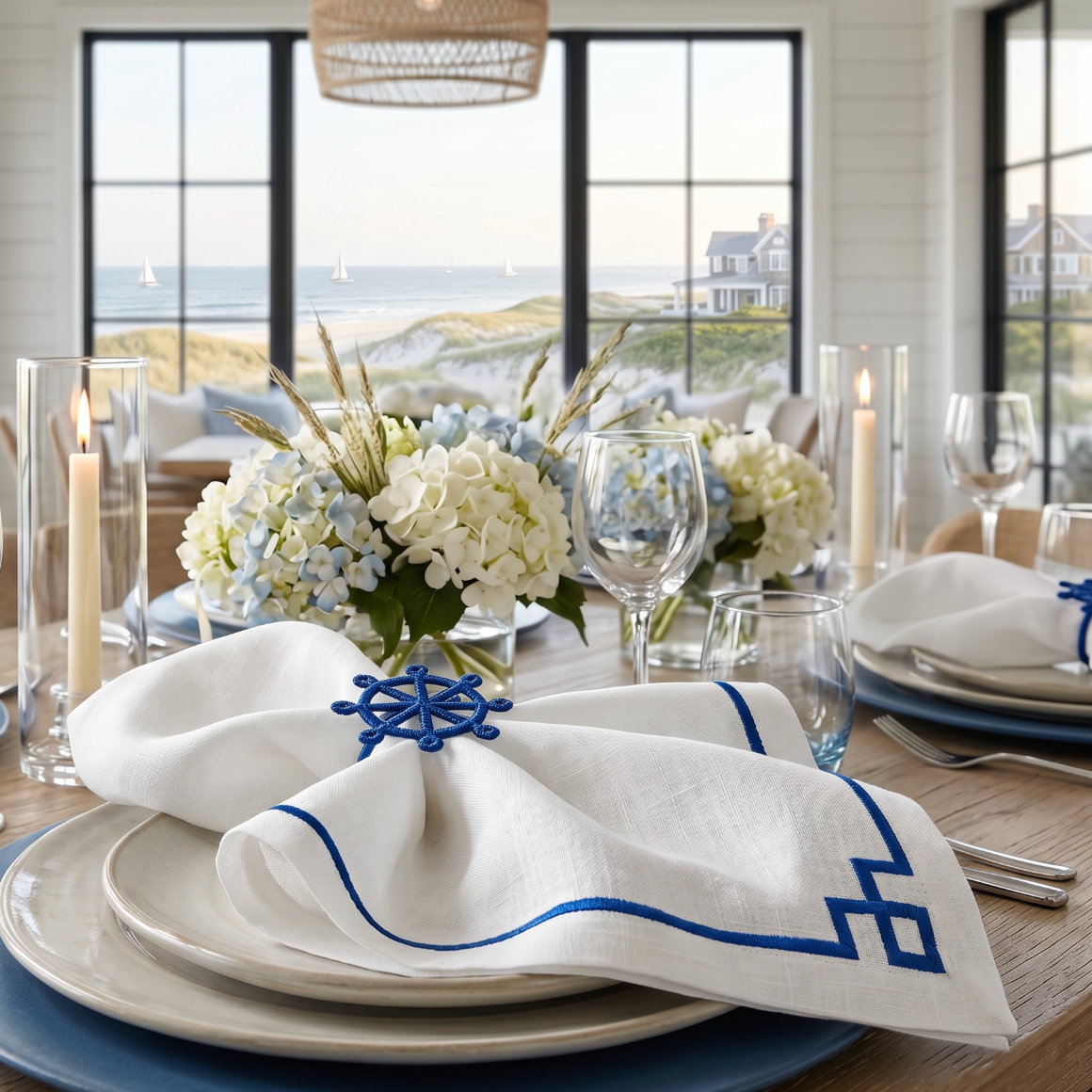 Nautical ship wheel napkin rings used with striped cloth napkins for a seaside dinner table.