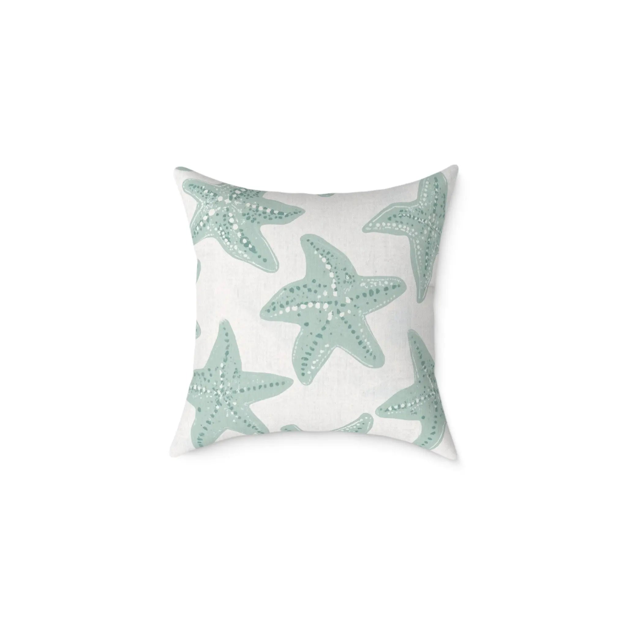 Starfish Coastal Throw Pillow featuring teal starfish pattern on white, a square coastal decor accent.