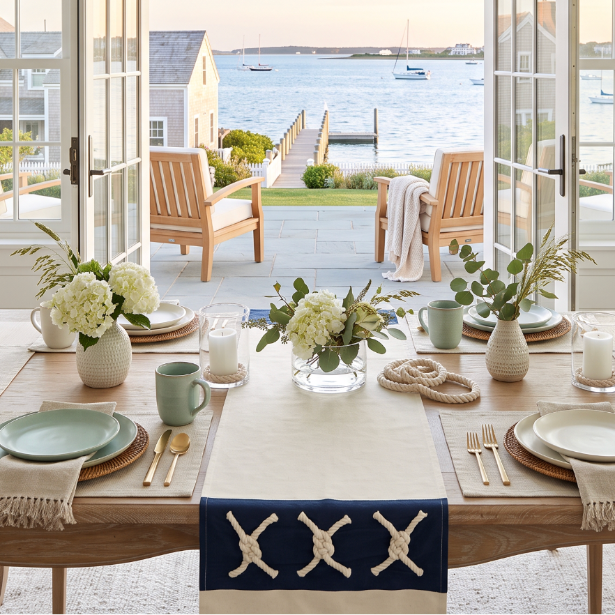 Cream nautical table runner featuring a bold navy border and decorative natural rope knots.