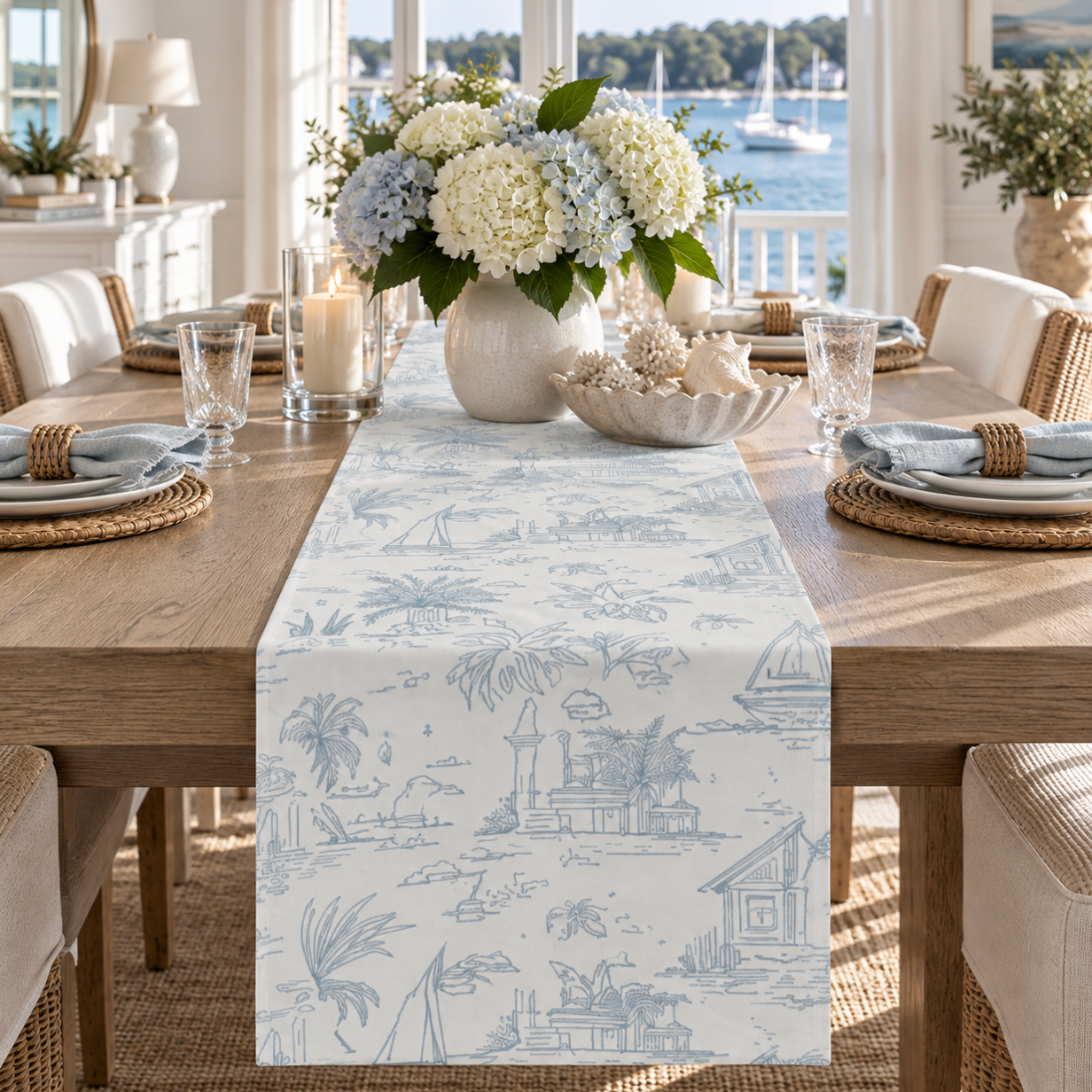 Nautical toile table runner for coastal dining with detailed blue seaside line drawings